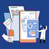 Illustration of doctor, file folder, prescription pill, and misc. hospital references and icons