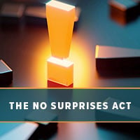 No Surprises Act with a large illuminating exclamation point background