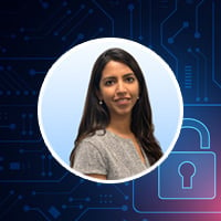 Headshot with Nishtha Kaura and padlock and circuit board background image