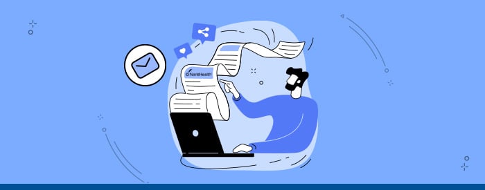 Illustration of a person at a laptop typing with a scroll of paper shooting out of the screen