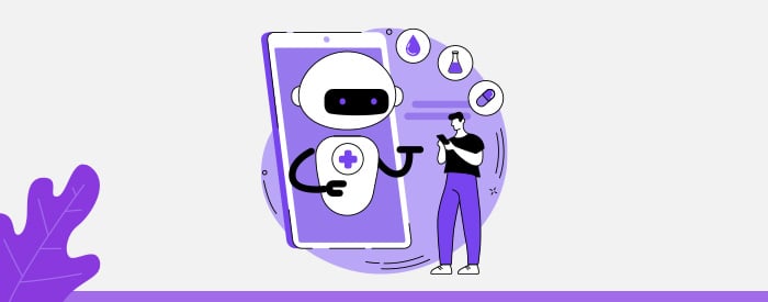 Illustration of a person holding smartphone with an AI Robot on a big tablet in front of them with purple tones