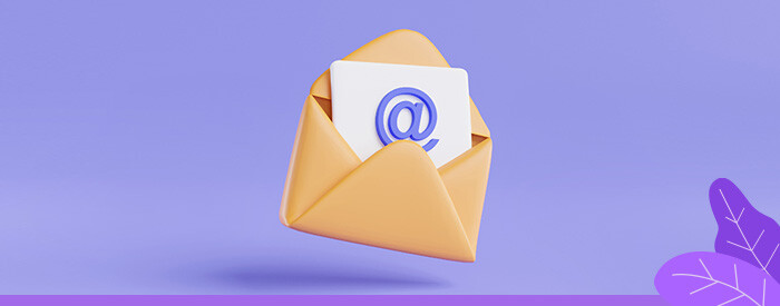 Illustration an envelope with a piece of paper inside with an at symbol on a purple background