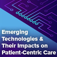 Emerging Technologies and their impact on Patient-Centric Care hero graphic illustration with blue light flowing out of computer chip