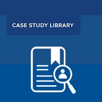 Eviti Case Study Library with magnifying glass over document icon with dark blue backgrounds