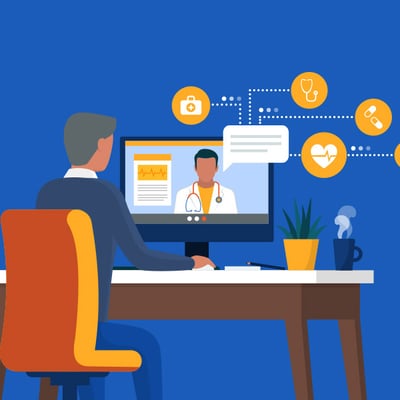 Illustration of person at computer with a doctor on screen showing a telehealth session