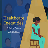 Illustration of nurse sitting on a stool with people of color in surrounding them in the background