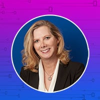 Headshot of Kelly Neagu, VP of Marketing at NantHealth with a magenta and blue background with AI illustration
