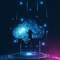 Cloud illustration showing digital data and computing with the caption Moving to the Cloud