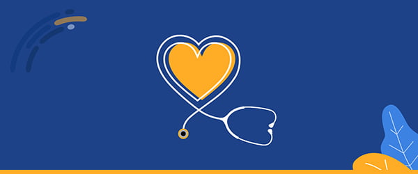 Illustration of an orange heart with a stethoscope around it on a dark blue background