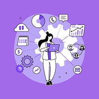 Doctor with laptop in hands with icons surrounding her