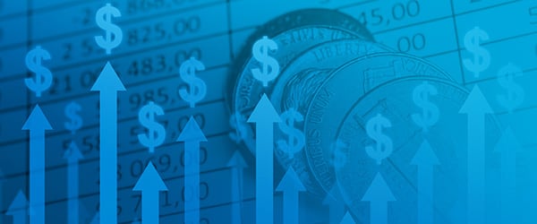 arrows pointing up with dollar signs and coins indicating rising costs with a gradient baby blue overlay