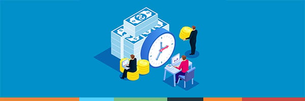 Illustration of people holding big money coins and one person on a laptop at a desk and big stacks of money and a big clock