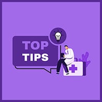 Illustration of doctor with clipboard with a Top Tips icon on a light purple background