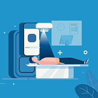 Illustration of person laying on medical table going into an imaging system