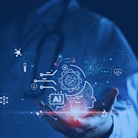 image of doctor holding illustrations of technology showing AI with a dark blue overlay