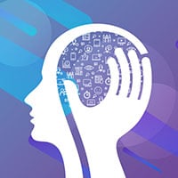 Head illustration with a hand holding data icons inside the head